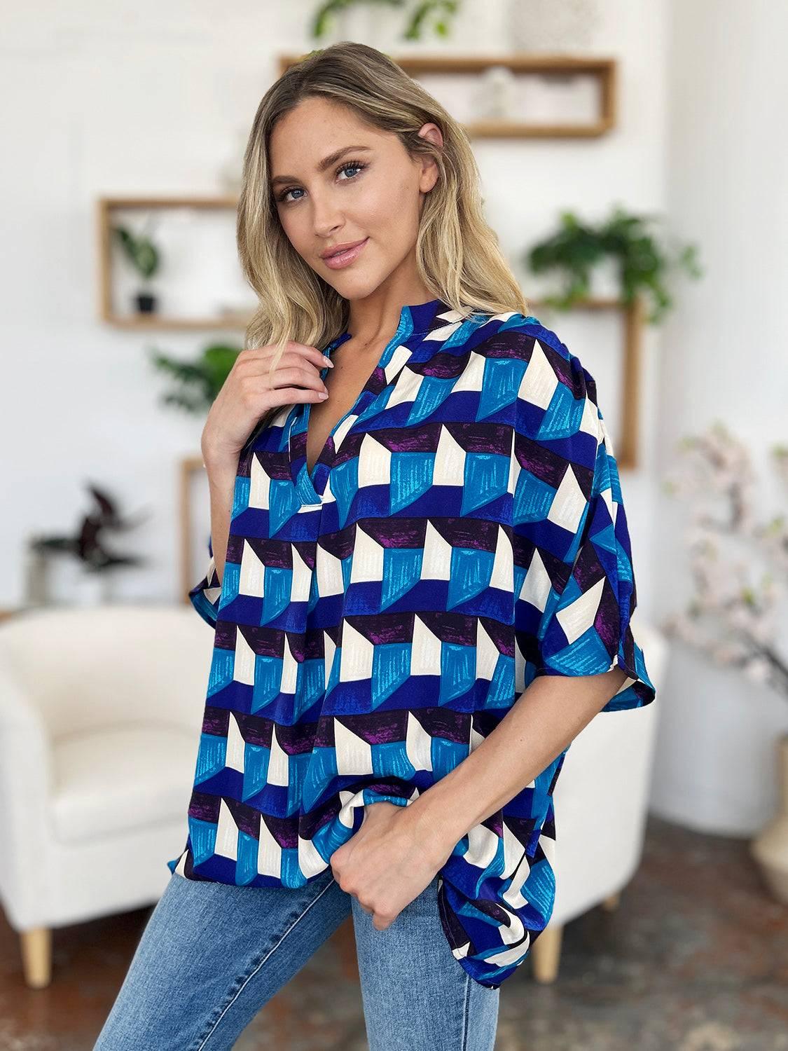 Double Take Full Size Geometric Notched Half Sleeve Blouse - Clothes For Her Online Store