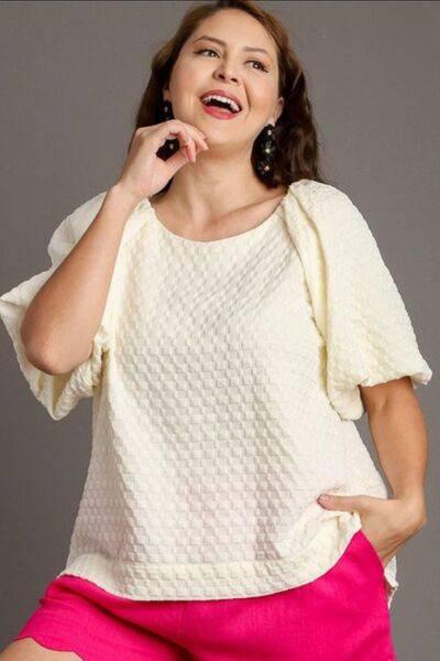 Umgee Full Size Boxy Cut Jacquard Round Neck Top with Side Slit Plus Size - Clothes For Her Online Store
