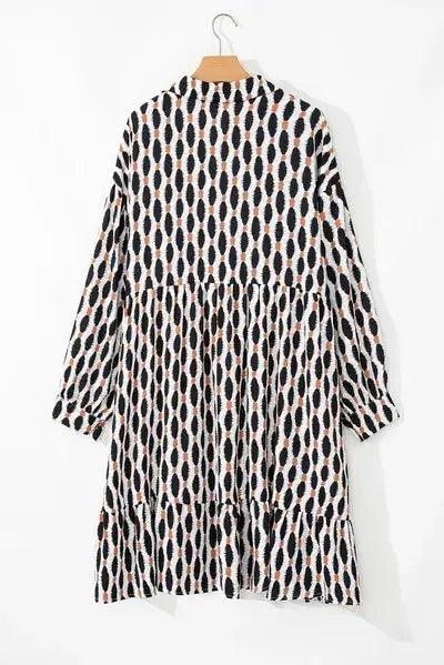 Plus Size Printed Johnny Collar Long Sleeve Dress - Clothes For Her Online Store