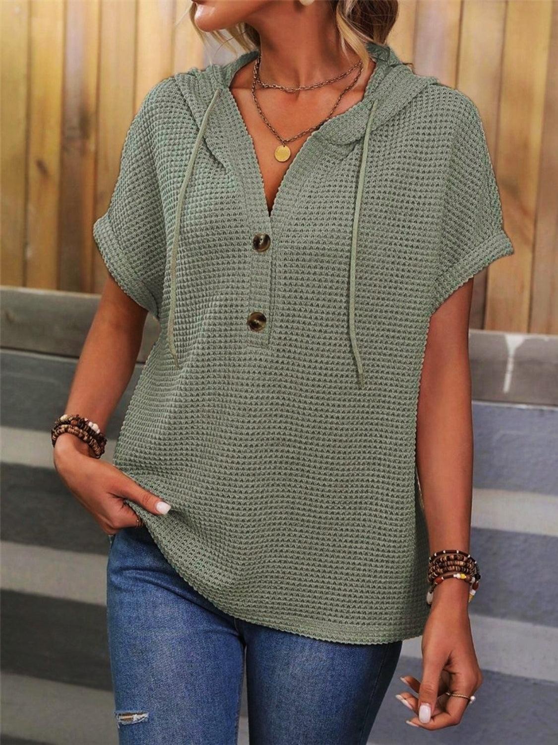 Waffle-Knit Hooded Short Sleeve Blouse - Clothes For Her Online Store