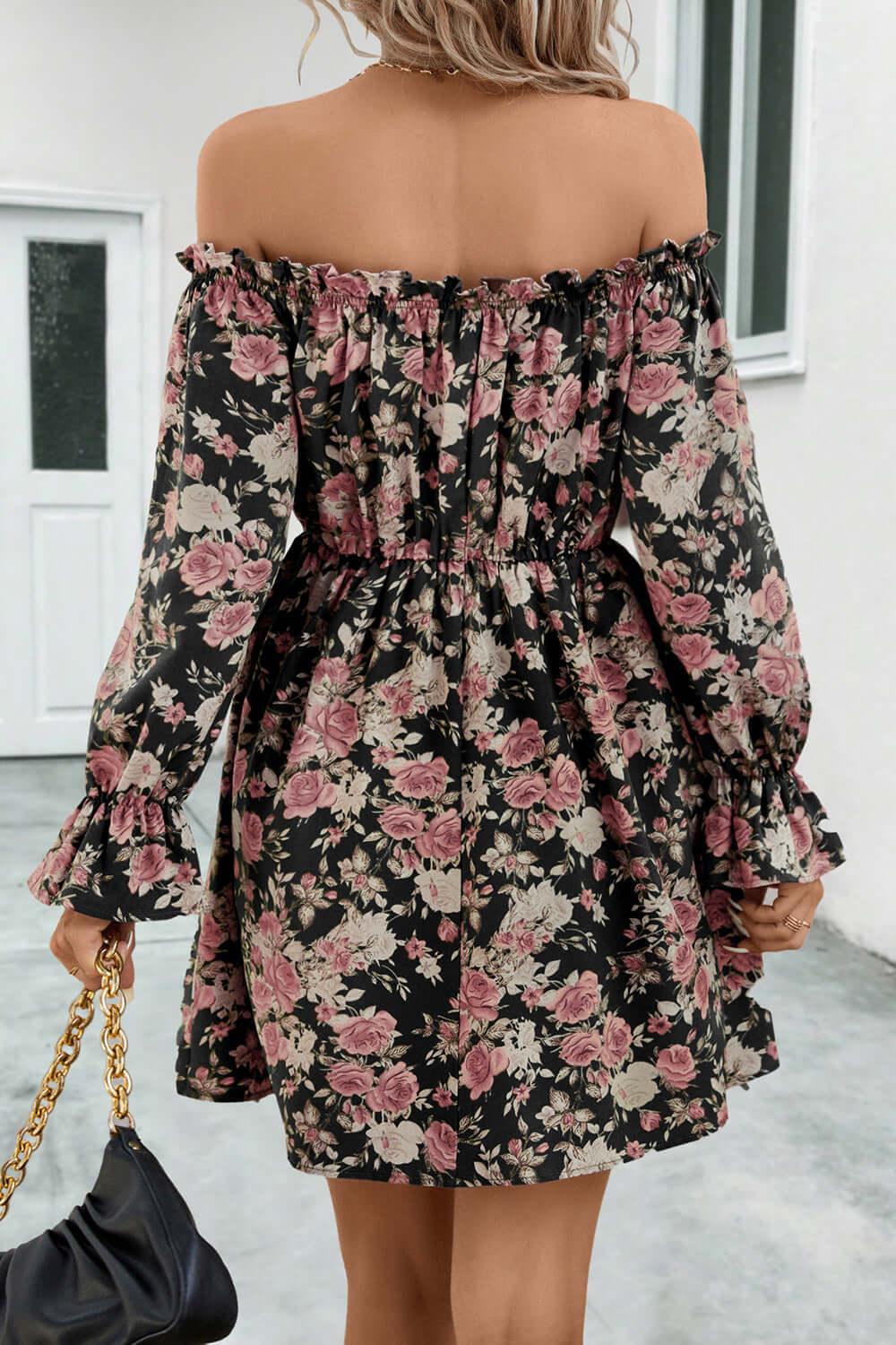Floral Off-Shoulder Flounce Sleeve Dress - Clothes For Her Online Store