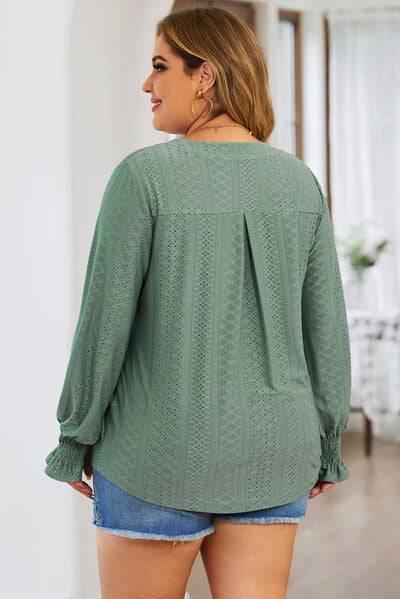 Plus Size Eyelet Notched Flounce Sleeve Blouse - Clothes For Her Online Store