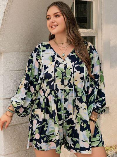 Plus Size Tied Printed Long Sleeve Romper - Clothes For Her Online Store