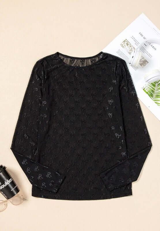 Bow Round Neck Long Sleeve Top - Clothes For Her Online Store