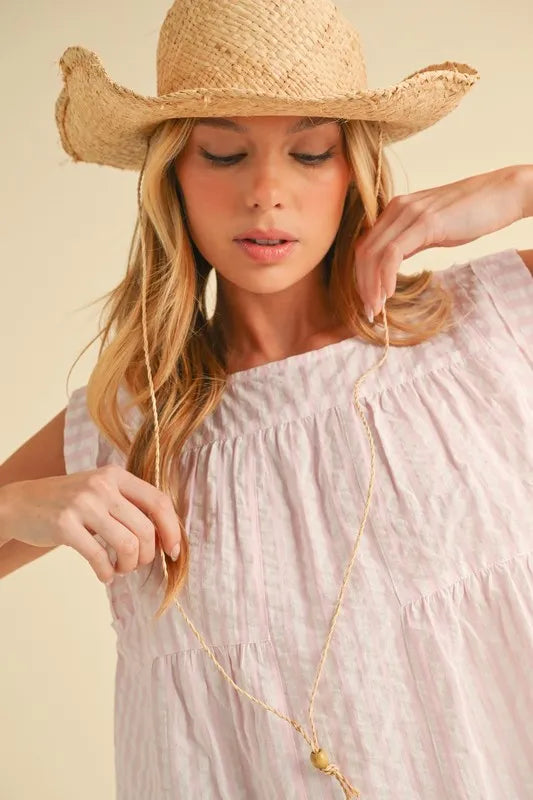 Aemi+Co Ruched Striped Round Neck Sleeveless Top