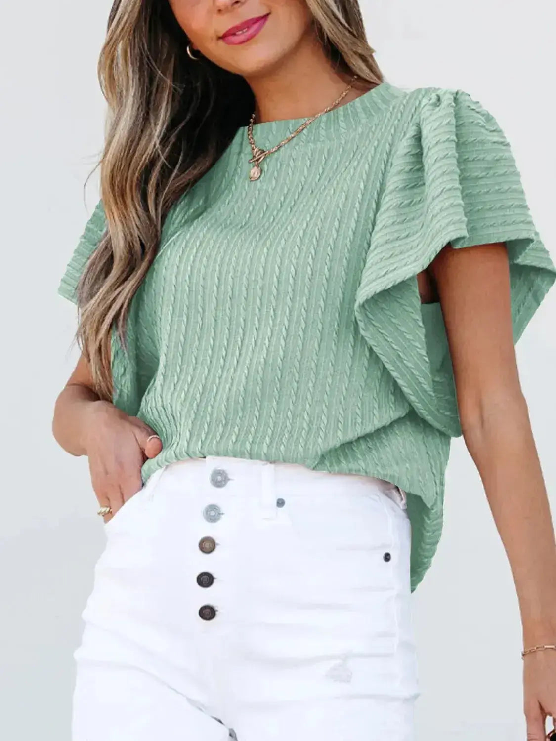 Round Neck Ruffle Sleeve Top - Clothes For Her Online Store