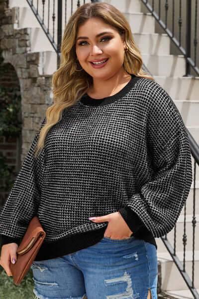 Plus Size Waffle-Knit Round Neck Dropped Shoulder Sweater - Clothes For Her Online Store