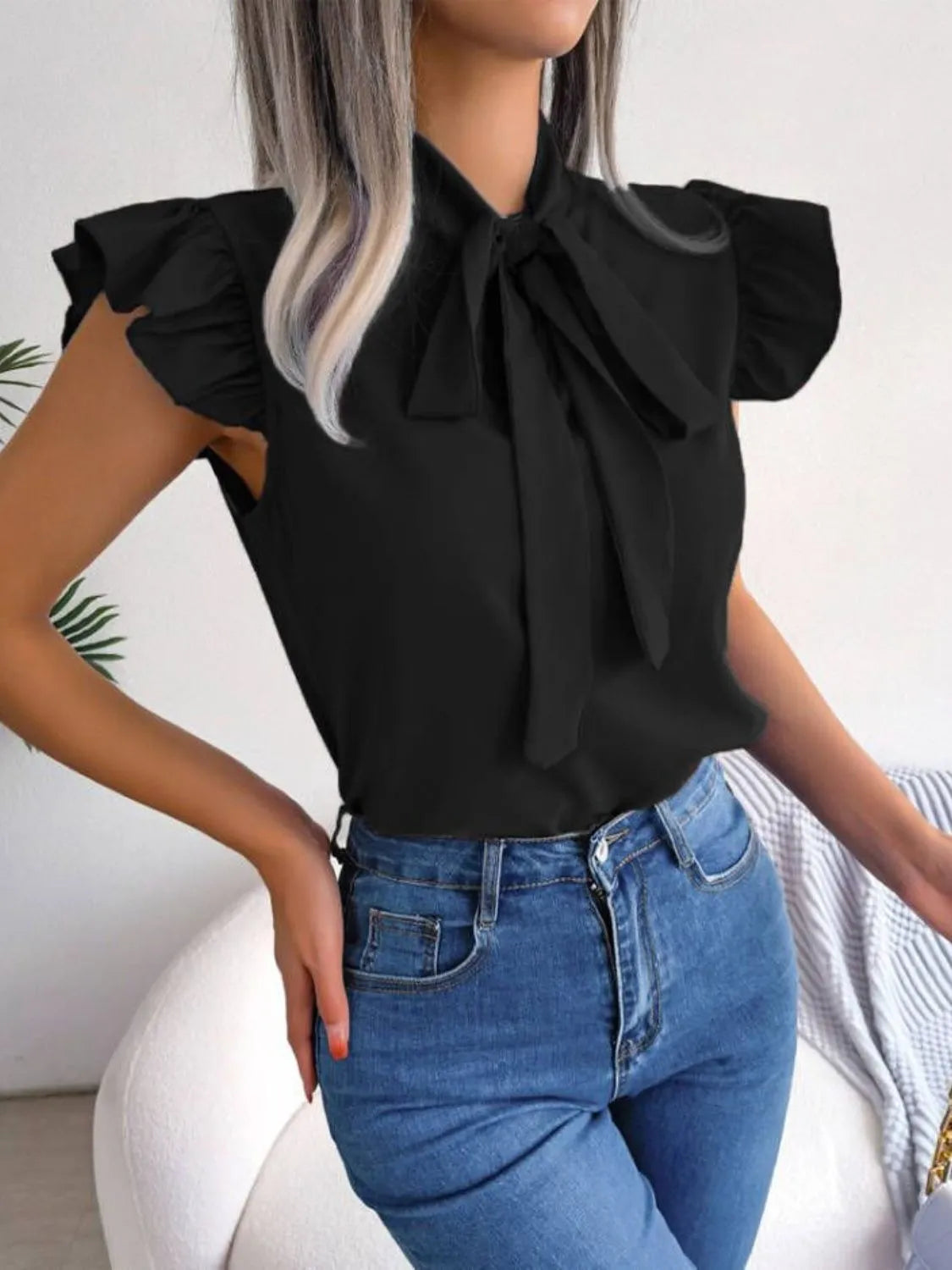 Ruffle Cap Sleeve Bow Tie Blouse
