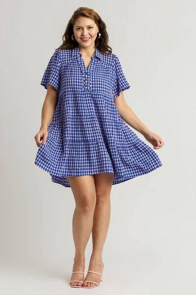 Umgee Full Size Gingham Tiered Button Detail Short Sleeve Dress Plus Size - Clothes For Her Online Store