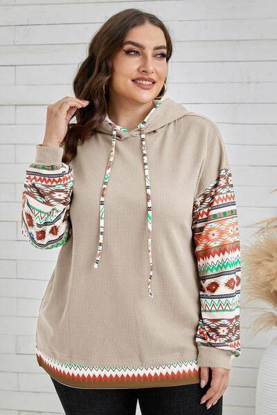 Plus Size Waffle-Knit Geometric Dropped Shoulder Hoodie - Clothes For Her Online Store