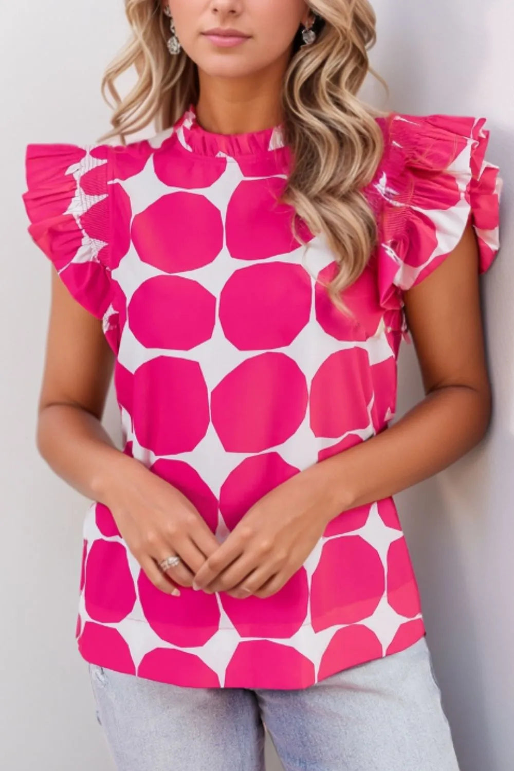 Bubblegum Pattern Frilled Collar Flutter Sleeve Top