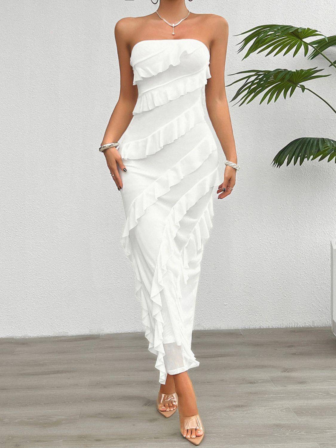 Devine Ruffled Slit Back Tube Maxi Dress - Clothes For Her Online Store
