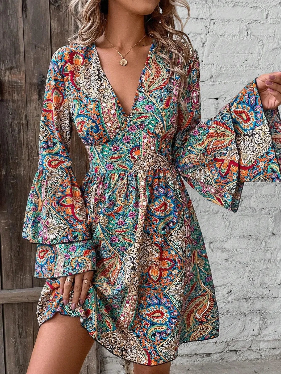 Printed V-Neck Flounce Sleeve Dress