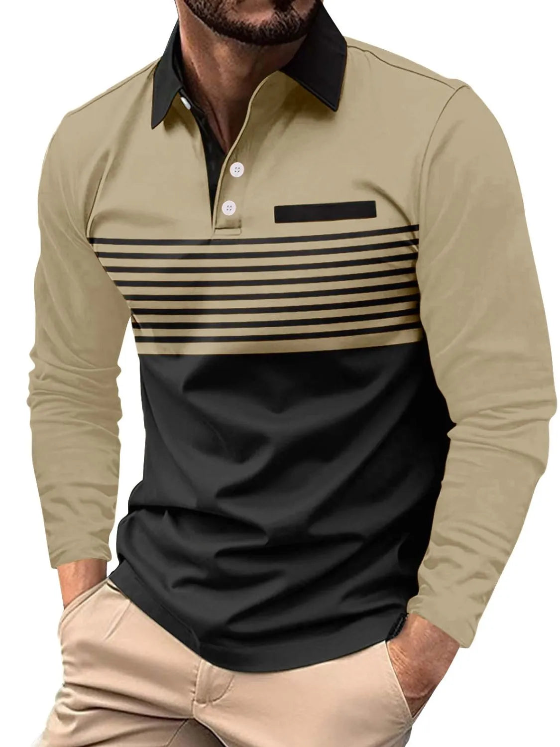 Men's Full Size Collared Neck Long Sleeve Striped Polo Plus Size