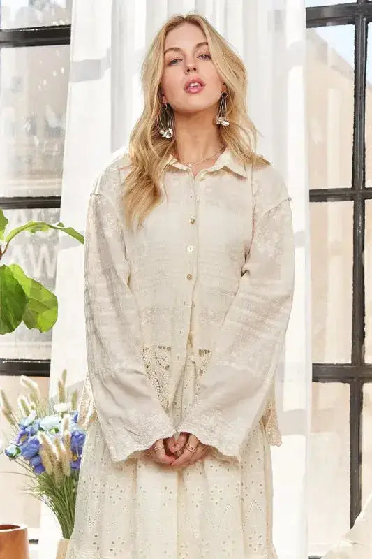 ADORA Crochet Lace Long Sleeves Button Down Shirt - Clothes For Her Online Store