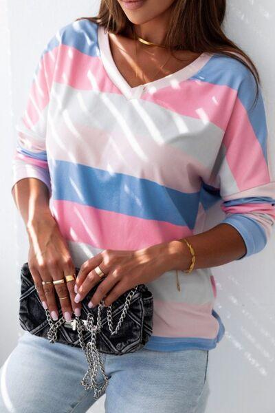 Contrast Striped V Neck Long Sleeve Top - Clothes For Her Online Store