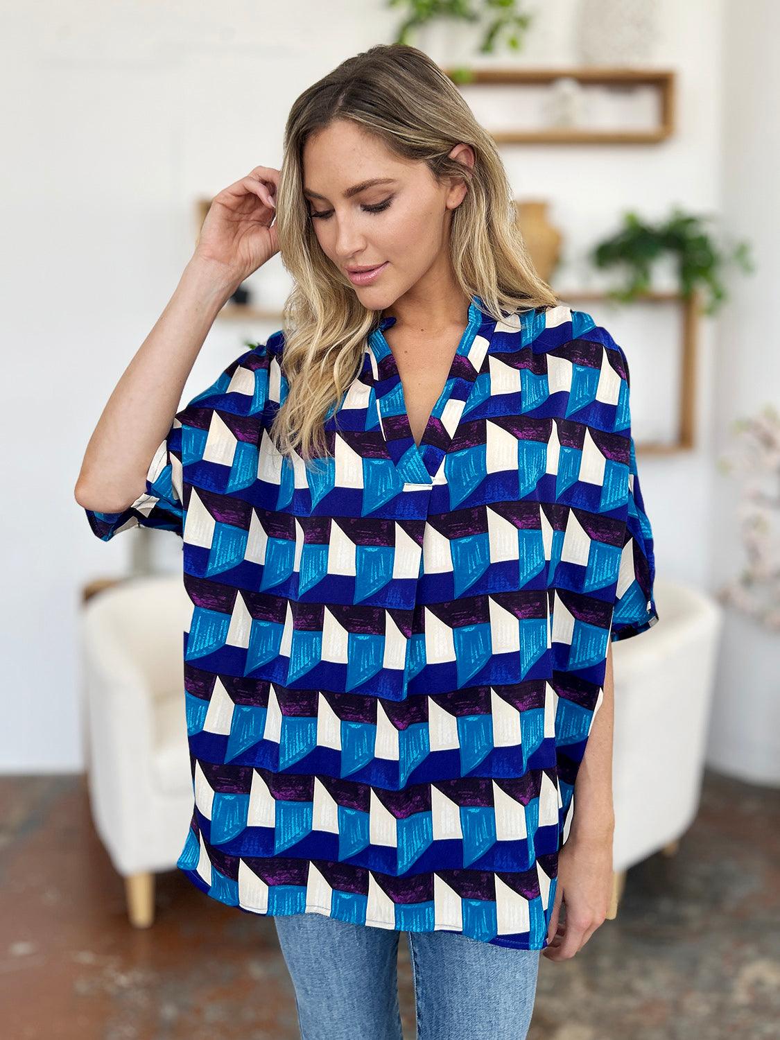 Double Take Full Size Geometric Notched Half Sleeve Blouse - Clothes For Her Online Store