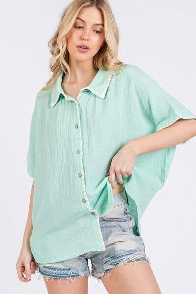 SAGE+FIG Boho Contrast Zigzag Trim Gauze Button-Up Shirt - Clothes For Her Online Store
