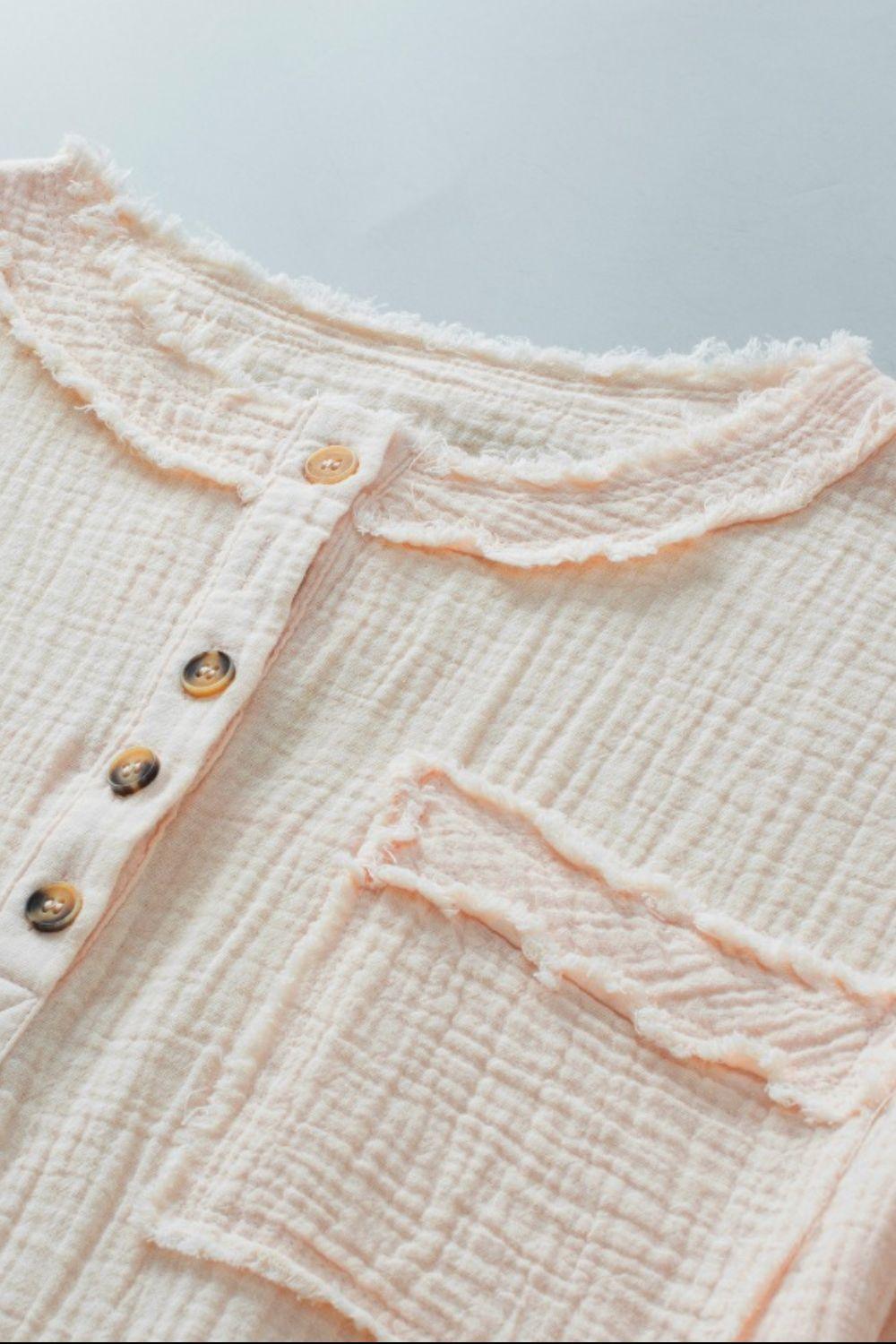 Textured Frayed Trim Half Button Short Sleeve Top - Clothes For Her Online Store