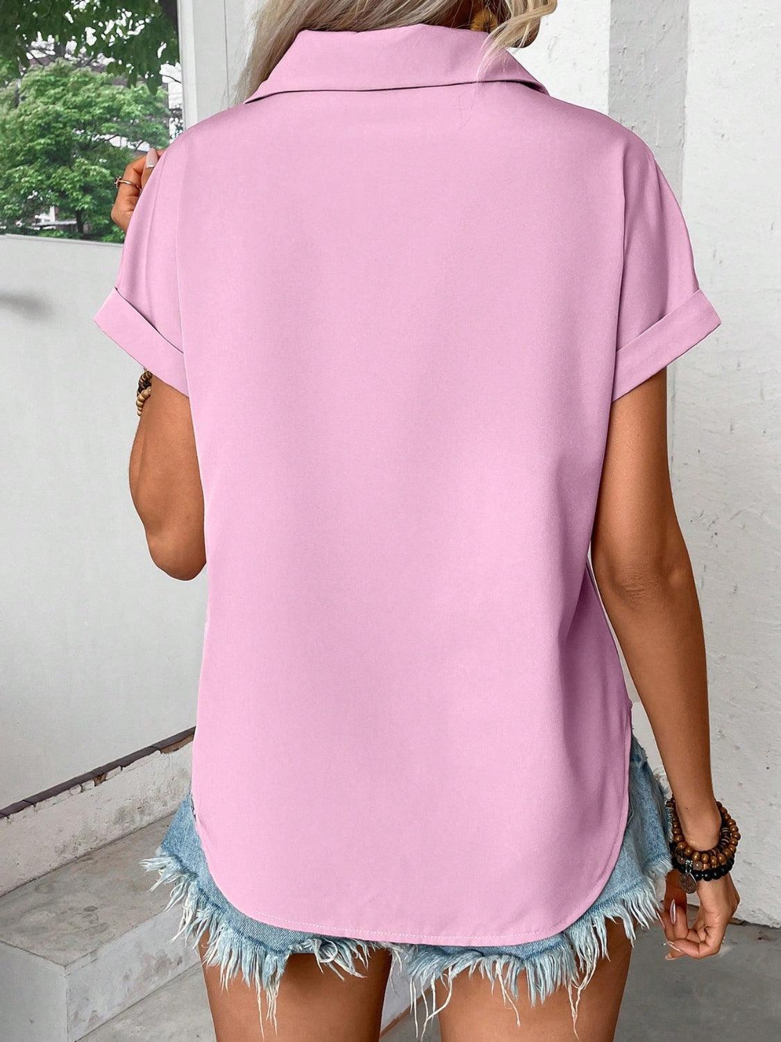 Pleated Detail Collared Neck Short Sleeve Shirt - Clothes For Her Online Store