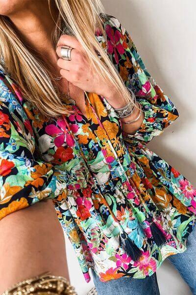 Floral Tie Neck Balloon Sleeve Blouse - Clothes For Her Online Store