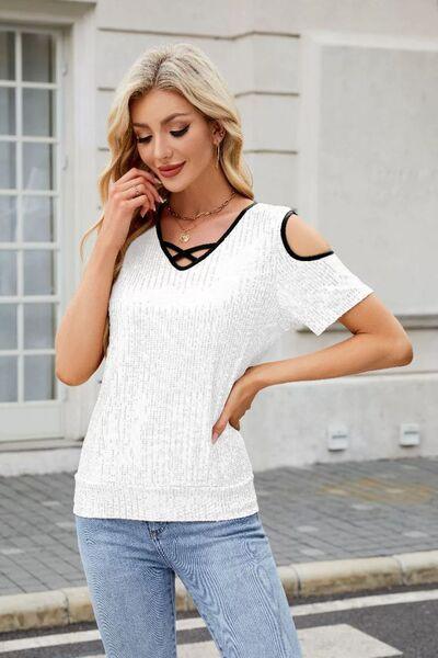 Sequin Crisscross V-Neck Cold Shoulder Blouse - Clothes For Her Online Store