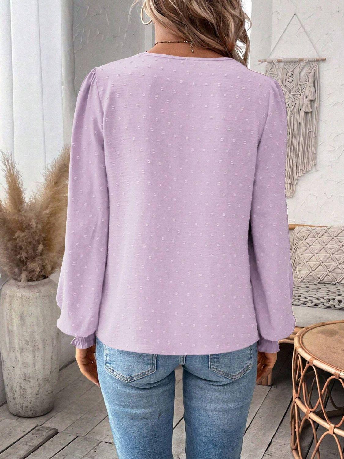 Swiss Dot Lace Detail Notched Long Sleeve Blouse - Clothes For Her Online Store