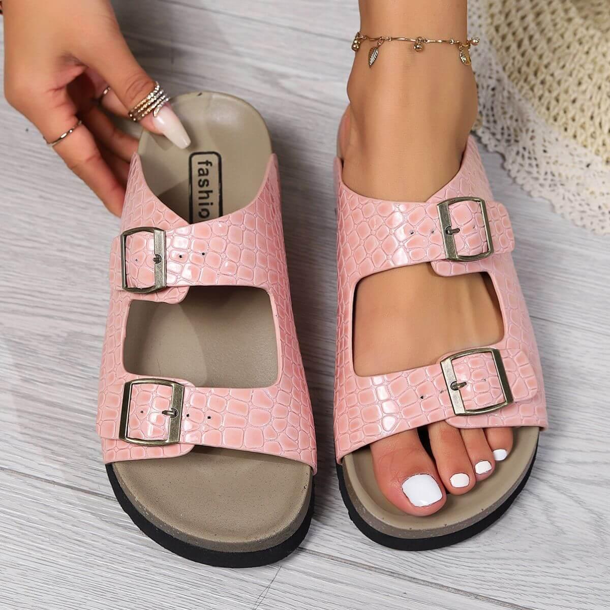 Open Toe Double Buckle Sandals - Clothes For Her Online Store