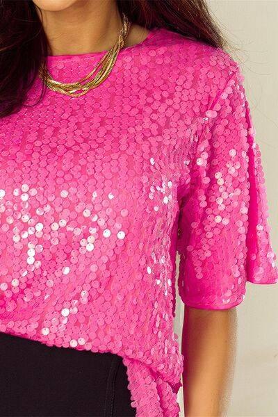 Sequin Round Neck Half Sleeve Blouse - Clothes For Her Online Store