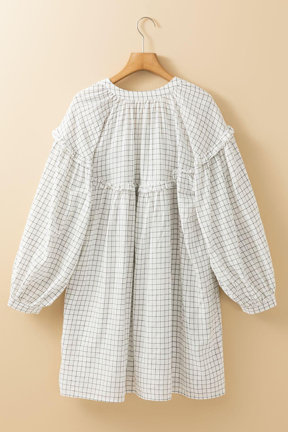 Frill Plaid Notched Balloon Sleeve Mini Dress - Clothes For Her Online Store