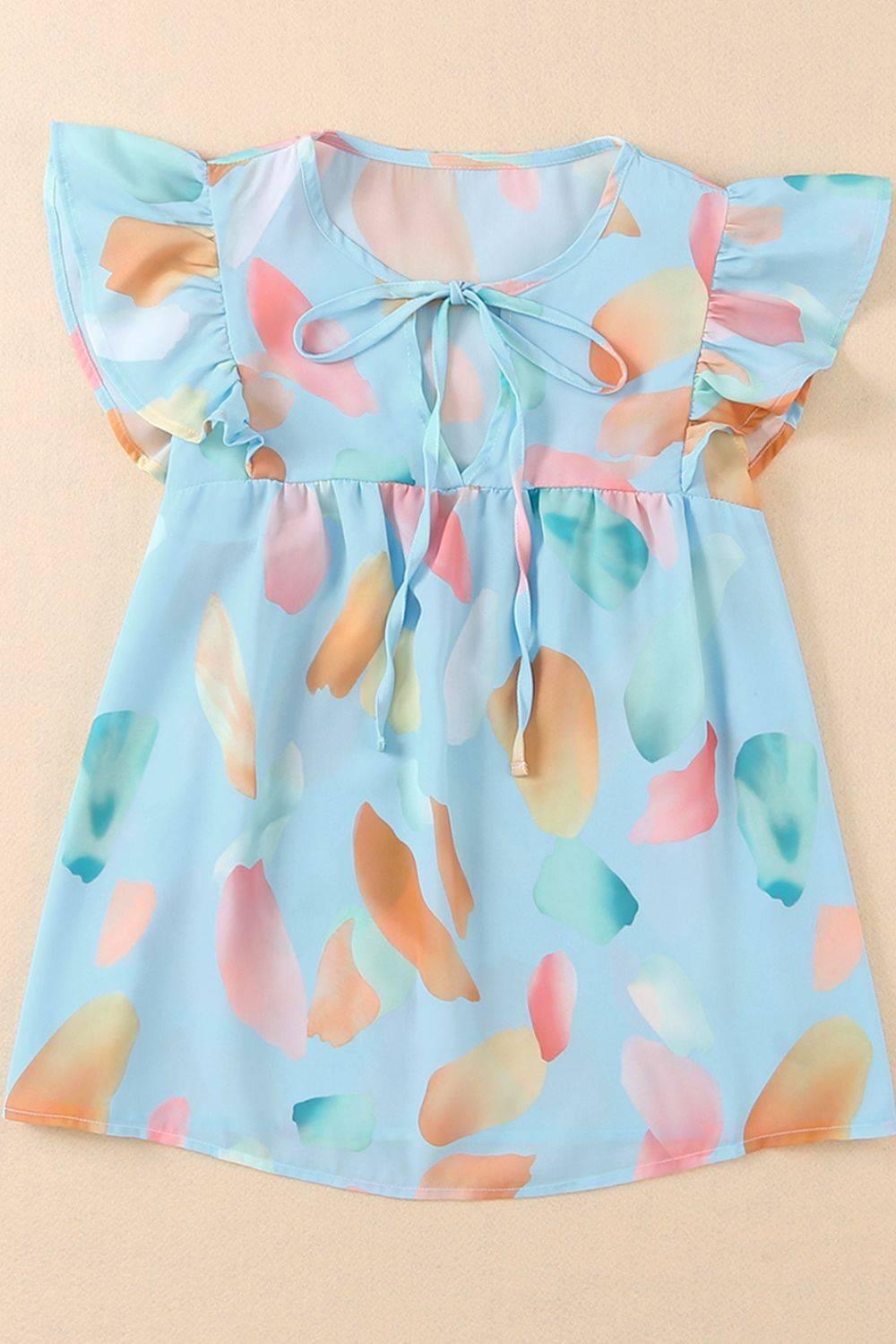 Splotches Pattern Ruffled Cap Sleeve Blouse - Clothes For Her Online Store