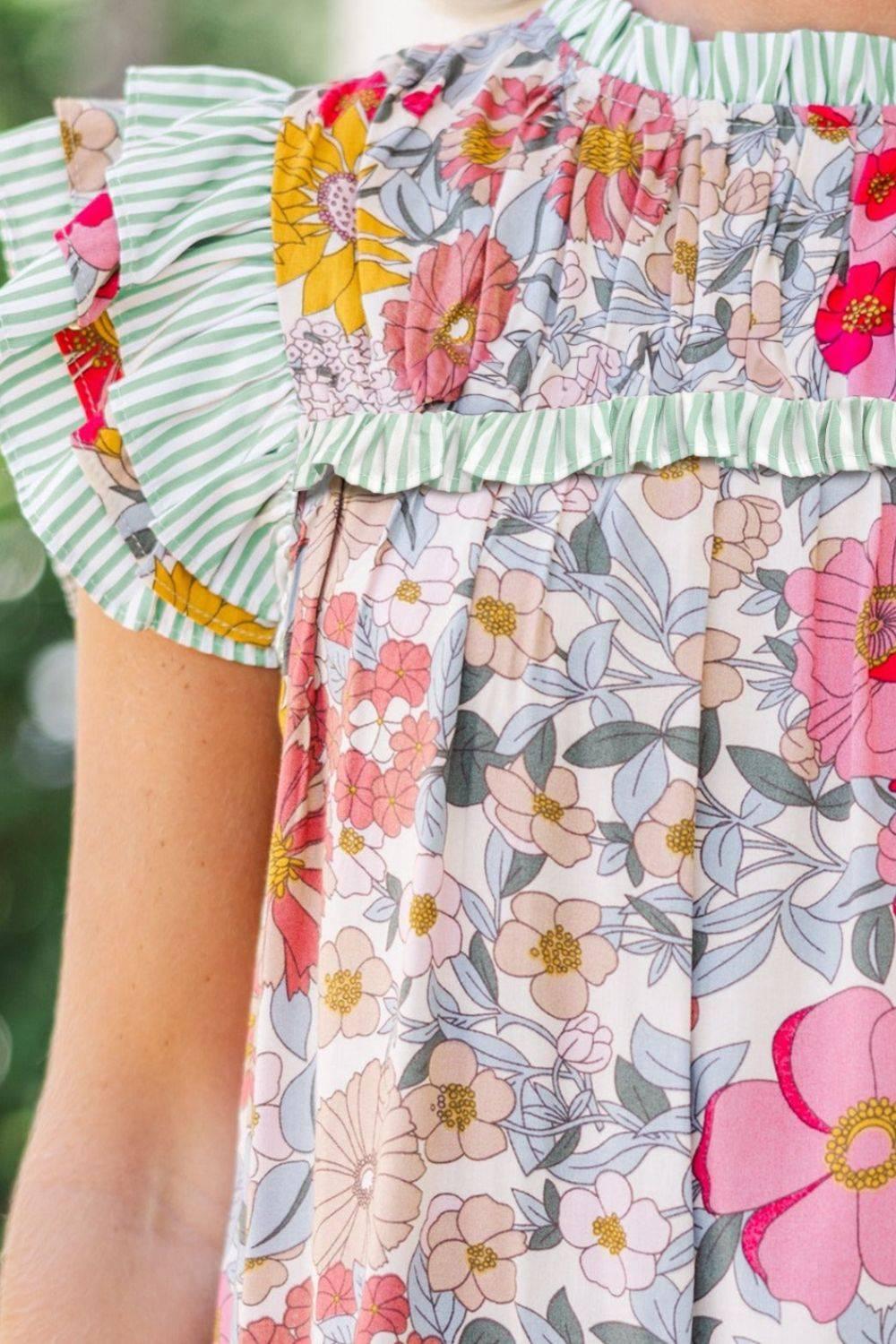 Frill Floral Print Ruffle Cap Sleeve Blouse - Clothes For Her Online Store