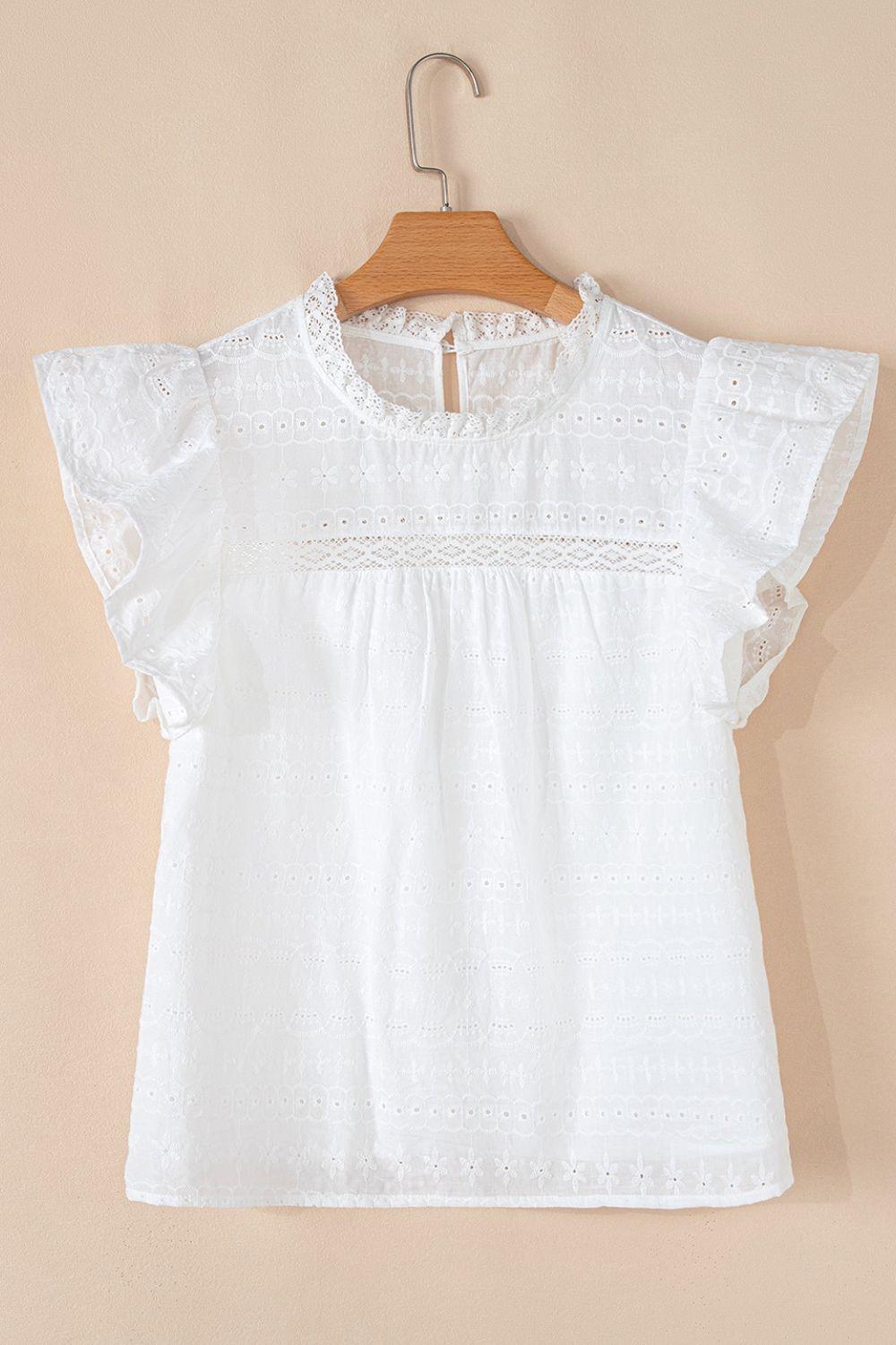 Lace Round Neck Flutter Sleeve Eyelet Blouse - Clothes For Her Online Store