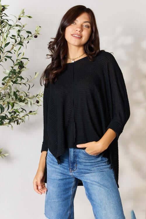 Zenana Full Size Round Neck High-Low Slit Knit Top - Clothes For Her Online Store