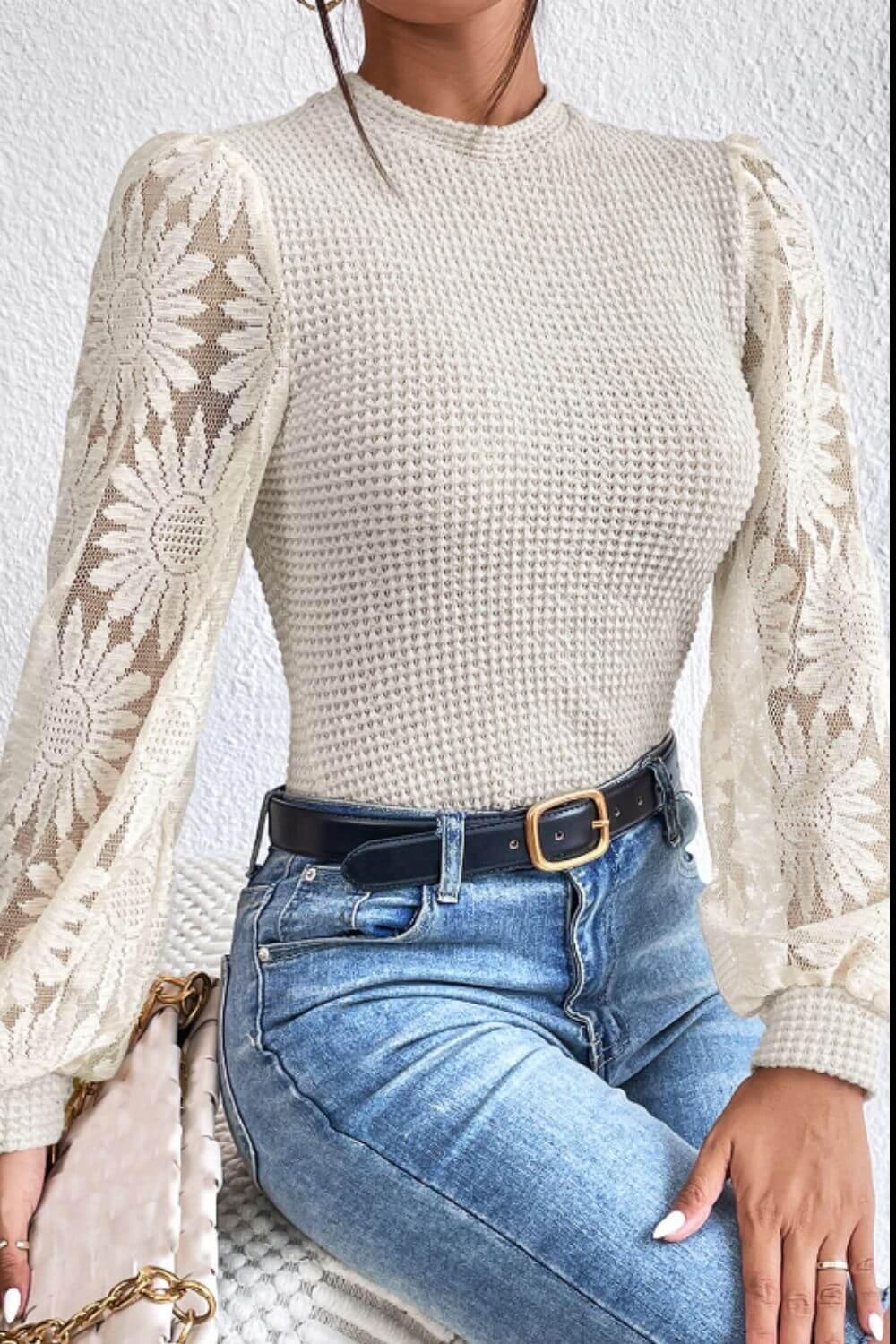 Mock Neck Lace Long Sleeve Top - Clothes For Her Online Store