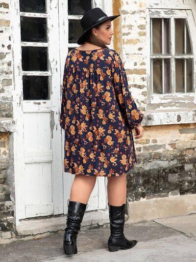 Plus Size Floral V-Neck Balloon Sleeve Dress - Clothes For Her Online Store