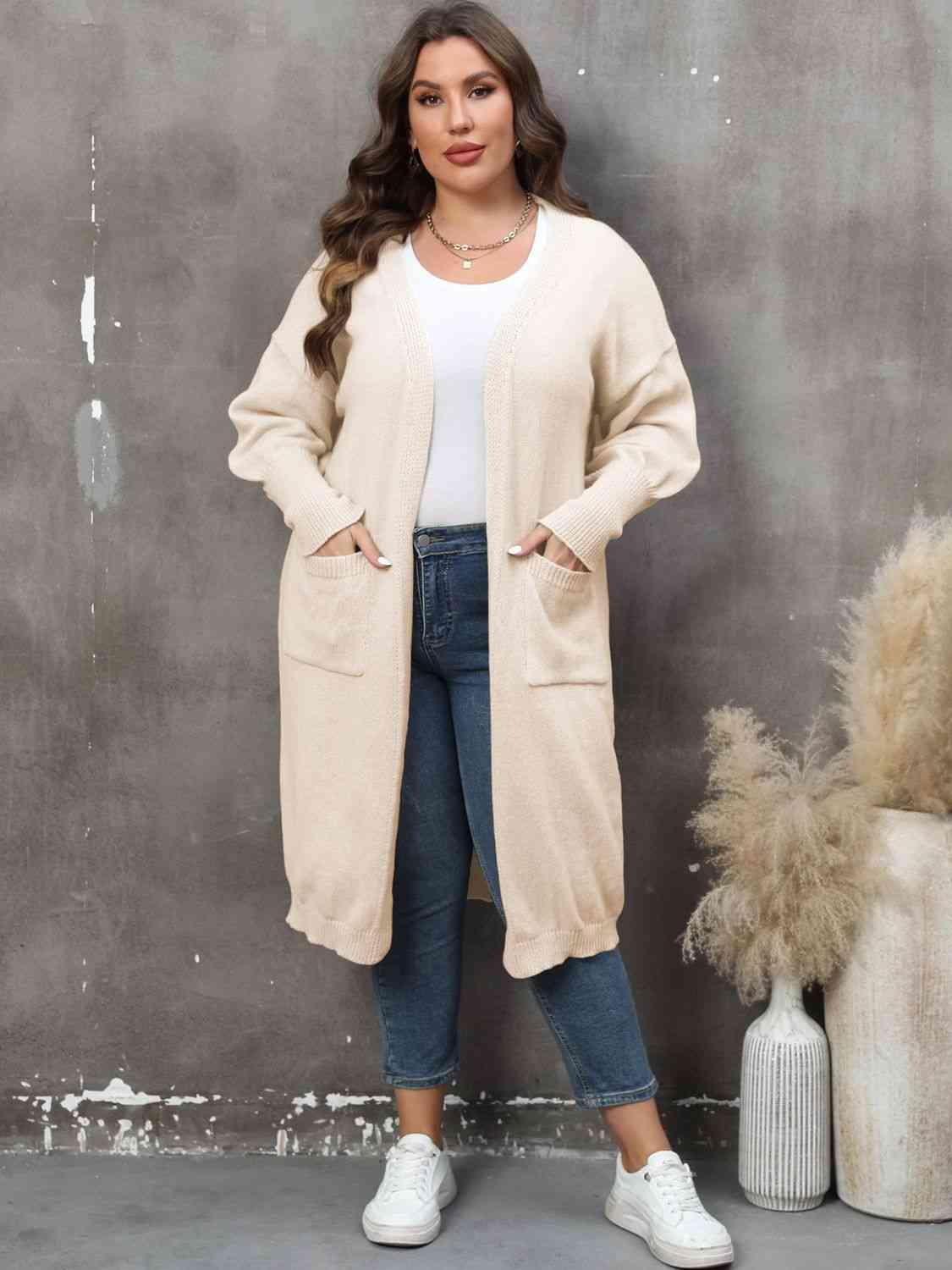 Plus Size Long Sleeve Pocketed Cardigan - Clothes For Her Online Store
