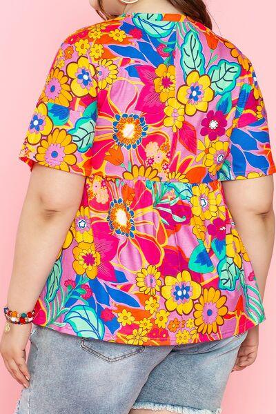 Plus Size Printed Round Neck Short Sleeve Top - Clothes For Her Online Store