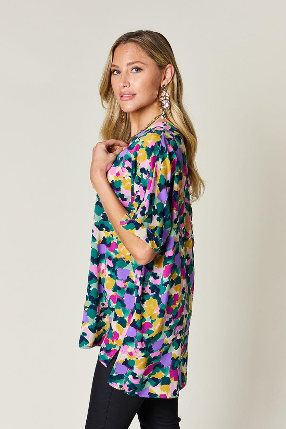 Double Take Full Size Printed V-Neck Short Sleeve Side Slit Top - Clothes For Her Online Store