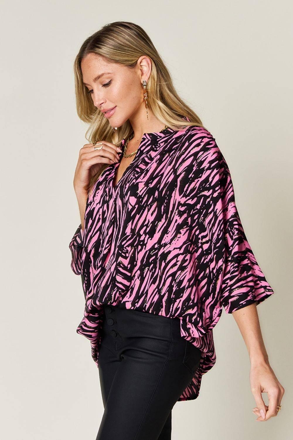 Double Take Full Size Printed Notched Three-Quarter Sleeve Blouse - Clothes For Her Online Store