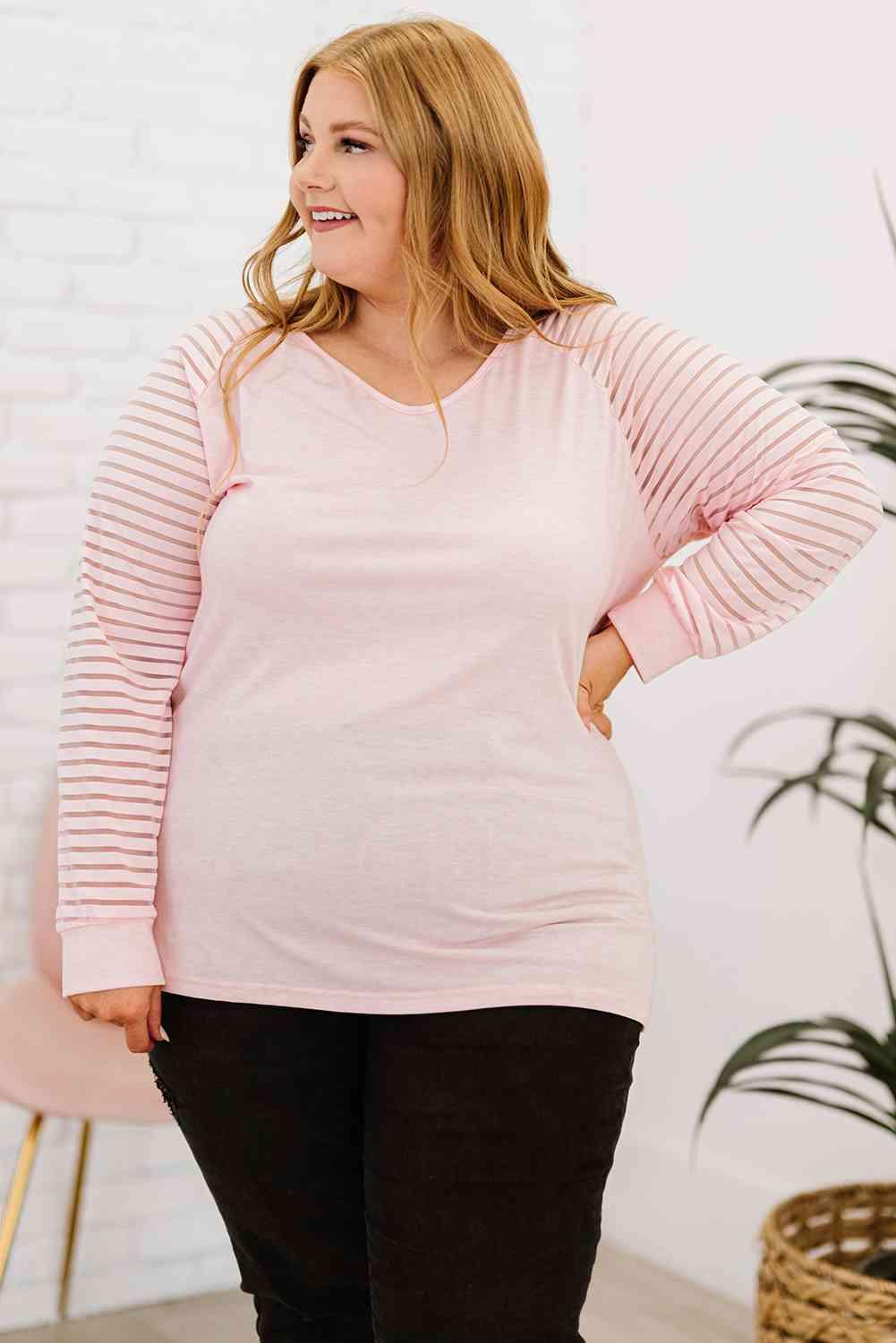 Plus Size Sheer Striped Sleeve V-Neck Top - Clothes For Her Online Store