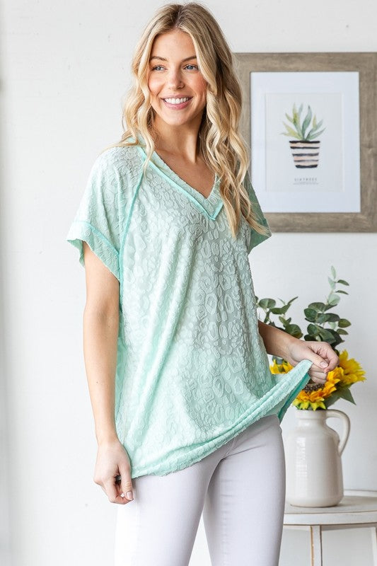 Heimish Full Size Exposed Seam V-Neck Short Sleeve Leopard Top Plus Size - Clothes For Her Online Store