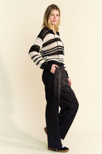 Davi & Dani Contrast Striped Crochet Drop Shoulder Knit Cover Up - Clothes For Her Online Store