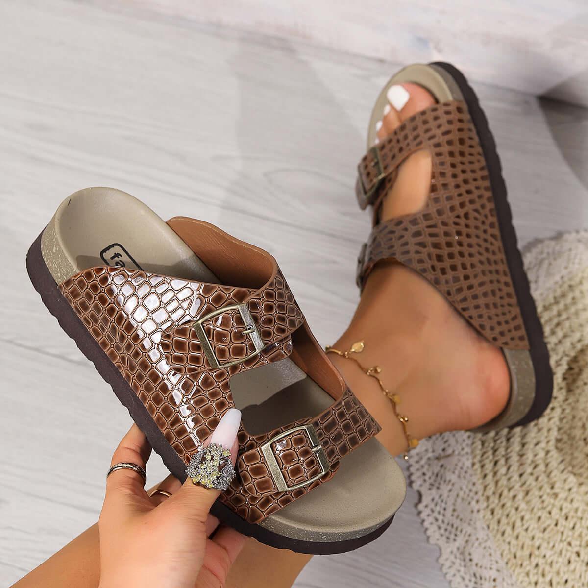 Open Toe Double Buckle Sandals - Clothes For Her Online Store
