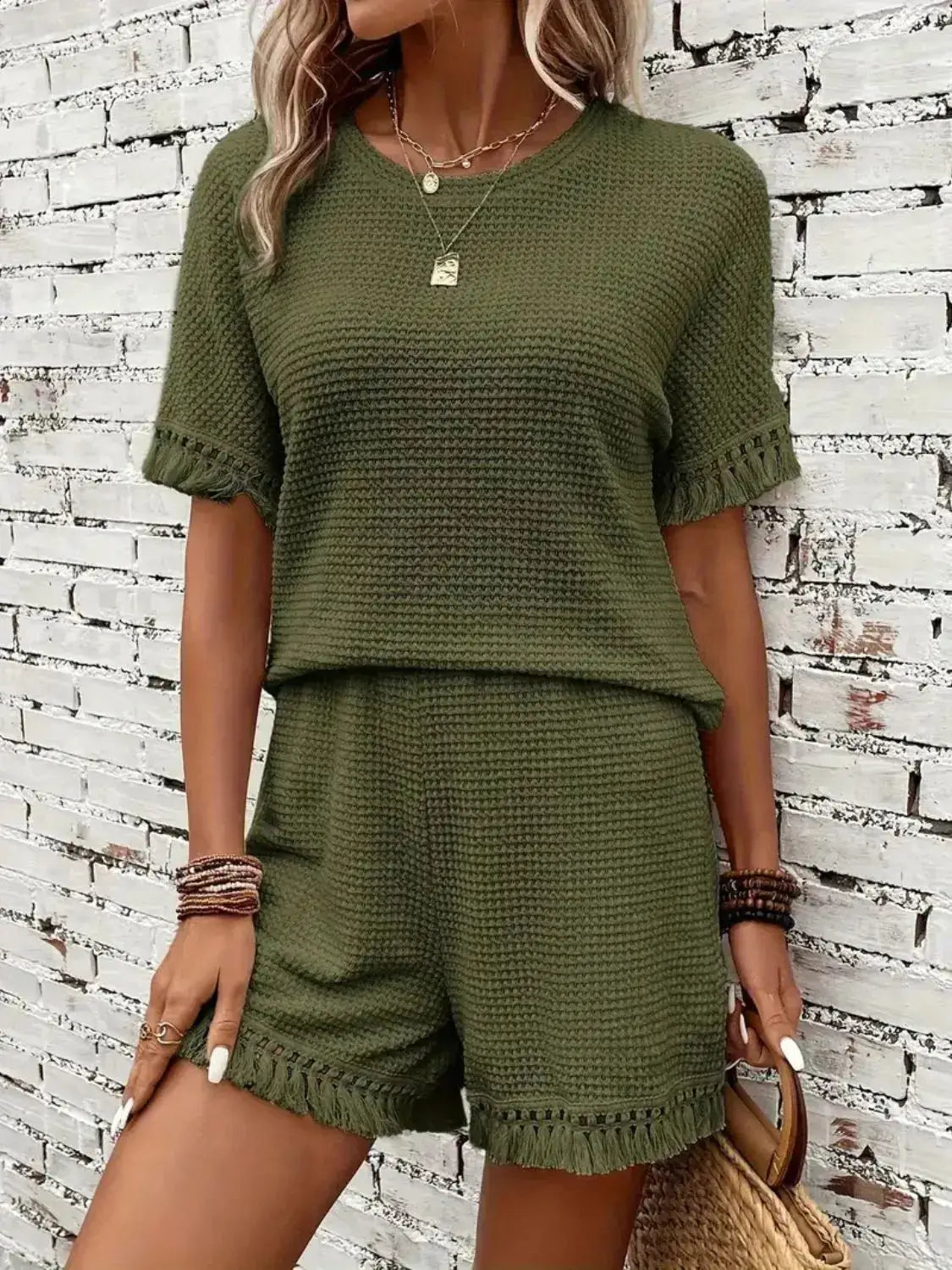 Tassel Round Neck Top and Shorts Set - Clothes For Her Online Store
