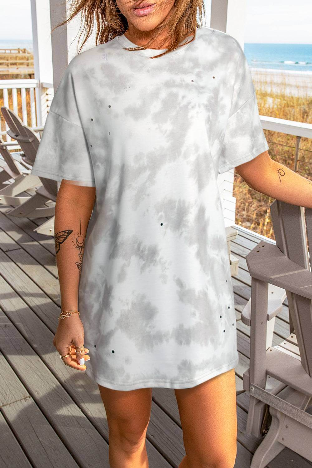Tie-Dye Round Neck Short Sleeve Tunic Tee - Clothes For Her Online Store