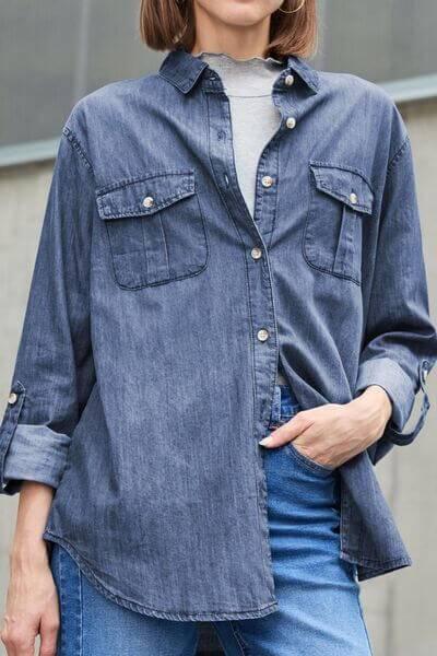 Pocketed Collared Neck Long Sleeve Denim Top - Clothes For Her Online Store