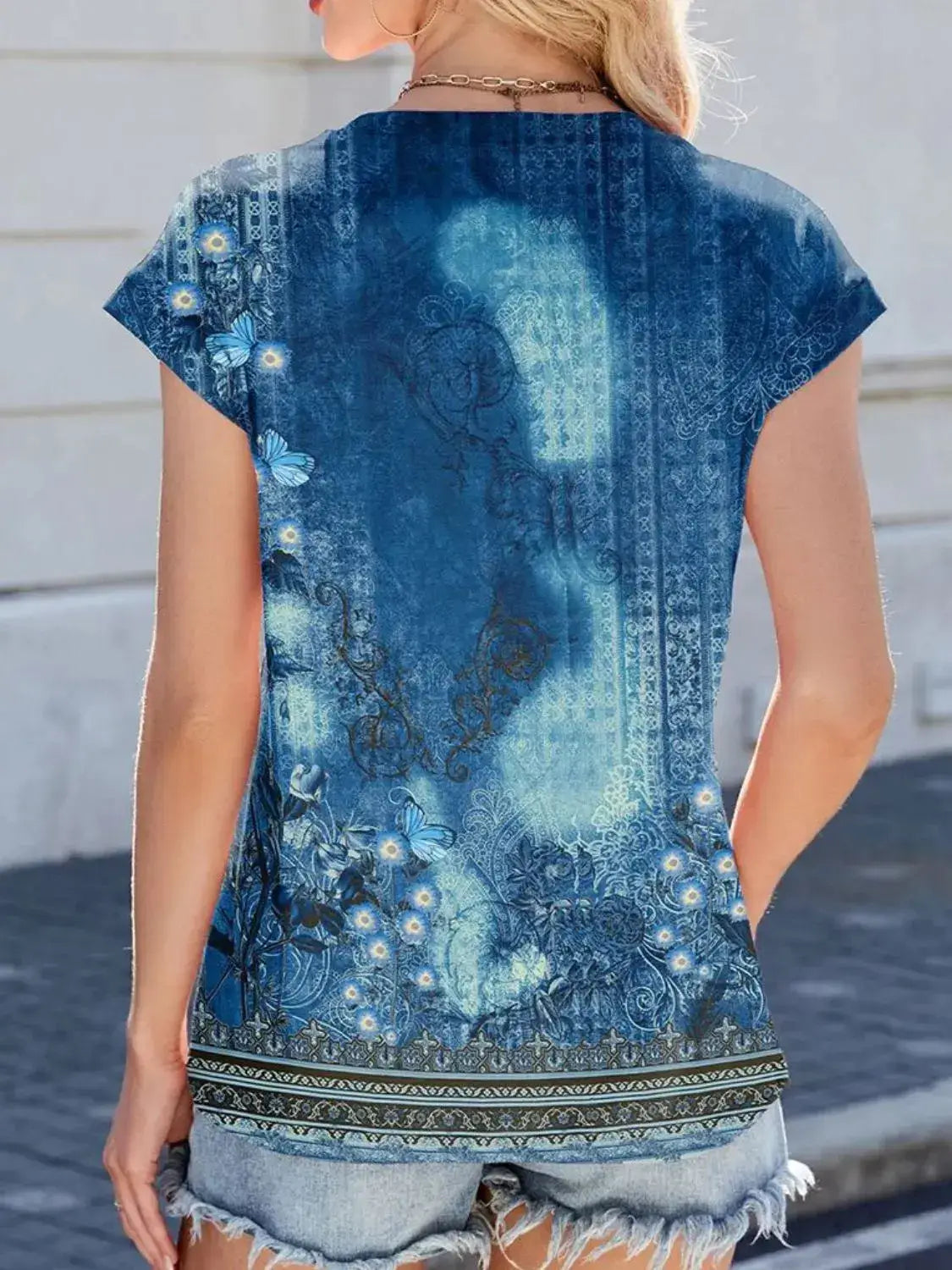 Printed Round Neck Cap Sleeve Top - Clothes For Her Online Store