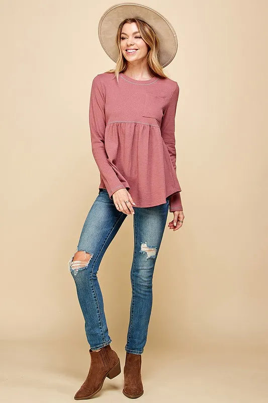 Lime 'N' Chili Waffle Knit Babydoll Top with Left Pocket Detail