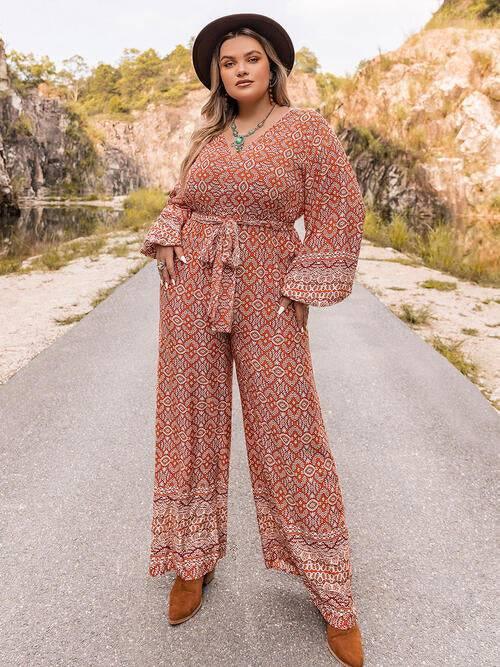Plus Size Printed V-Neck Tie Front Balloon Sleeve Jumpsuit - Clothes For Her Online Store